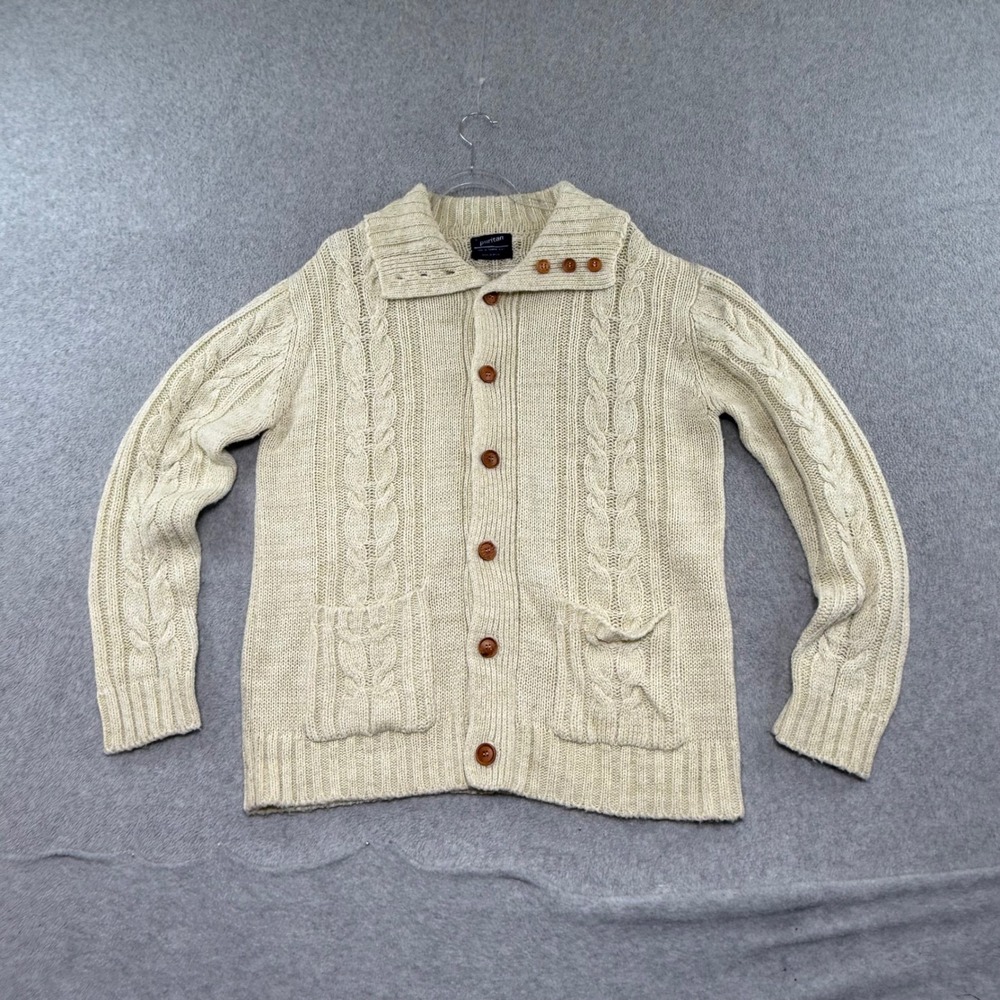 Puritan Cardigan Sweater Mens Large Cream 70s Vintage Cable Knit Button Front